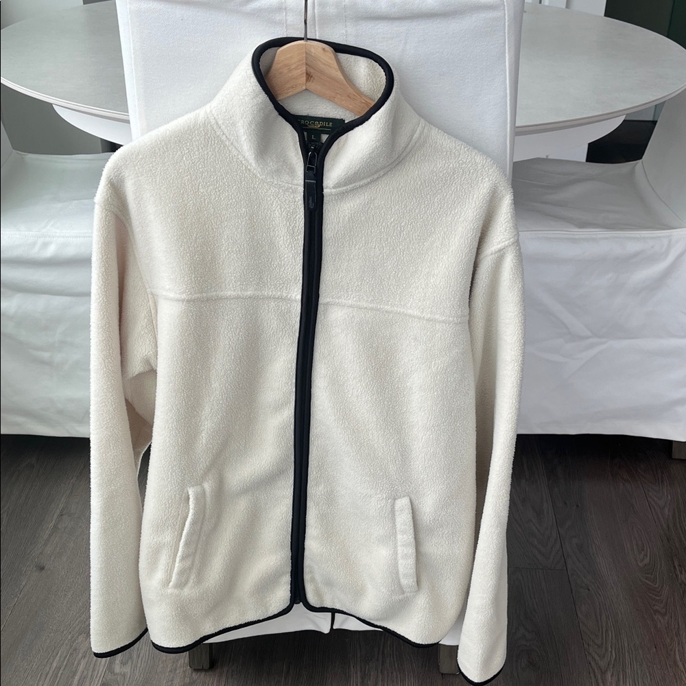 Lacoste Cream Fleece Zip-Up Jacket with Black Trim